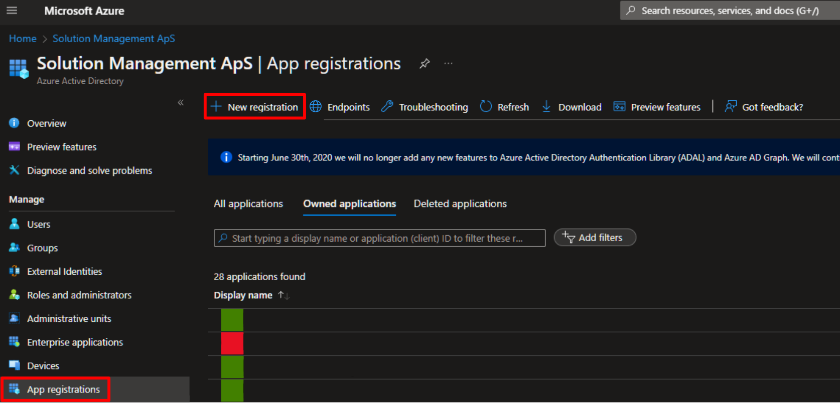 The App registrations page of the tenant, with App registrations and New registration highlighted.