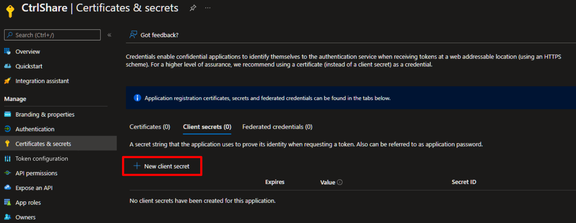 The Certificates and secrets page, with New client secret selected.