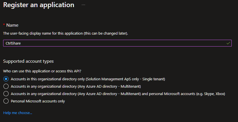 The new app registration form, with a name and single-tenant account type entered.
