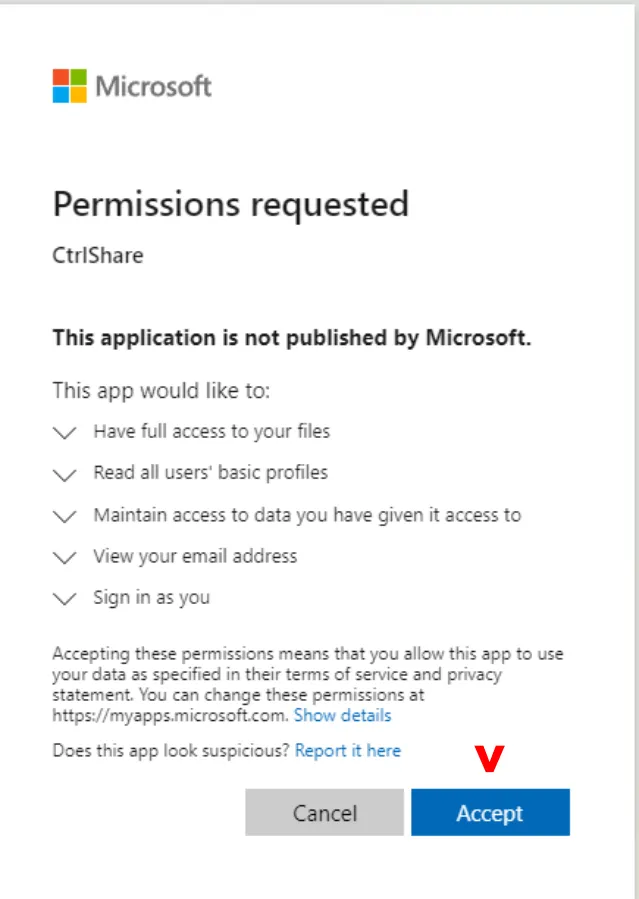 The Microsoft Permissions requested page for CtrlShare, with Accept highlighted.