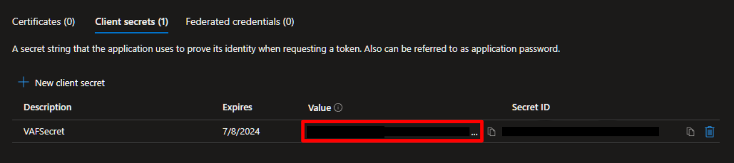 A newly created client secret, with its value shown once.