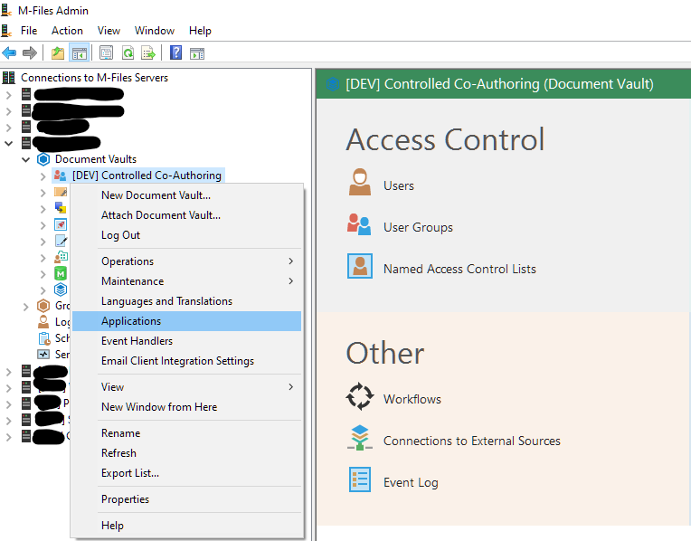 The M-Files Admin context menu for a document vault, with Applications highlighted.