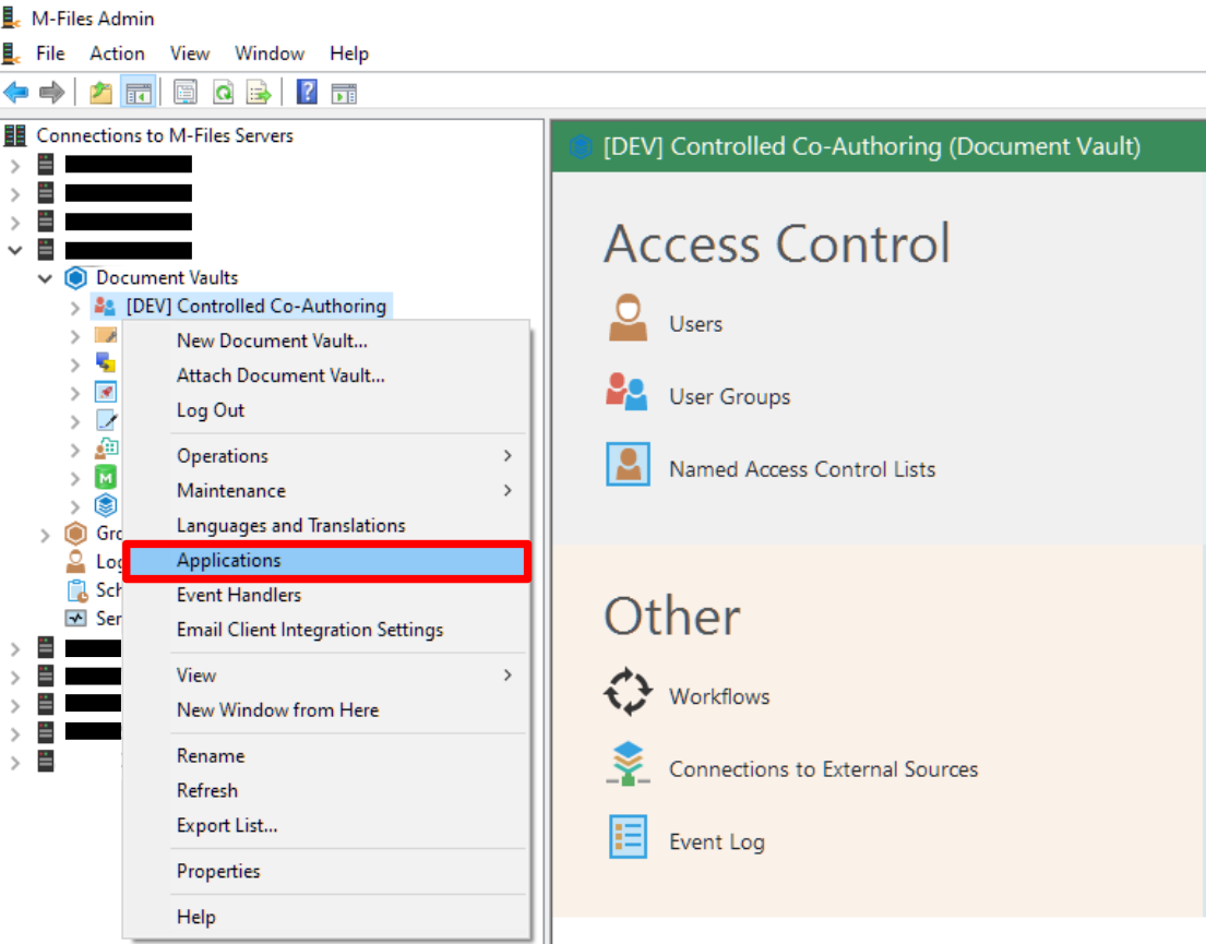 The M-Files Admin context menu for a document vault, with Applications highlighted.