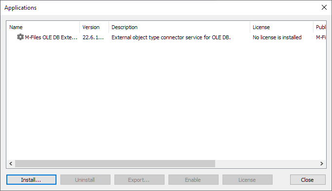 The Applications dialog listing the vault applications installed in a vault.