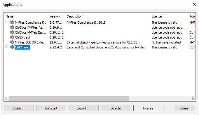 The Applications dialog with an application selected and the License button highlighted.