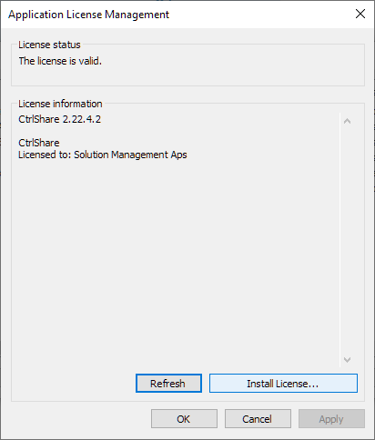 The licence status dialog for a vault application, showing the current licence state and the Install License button.